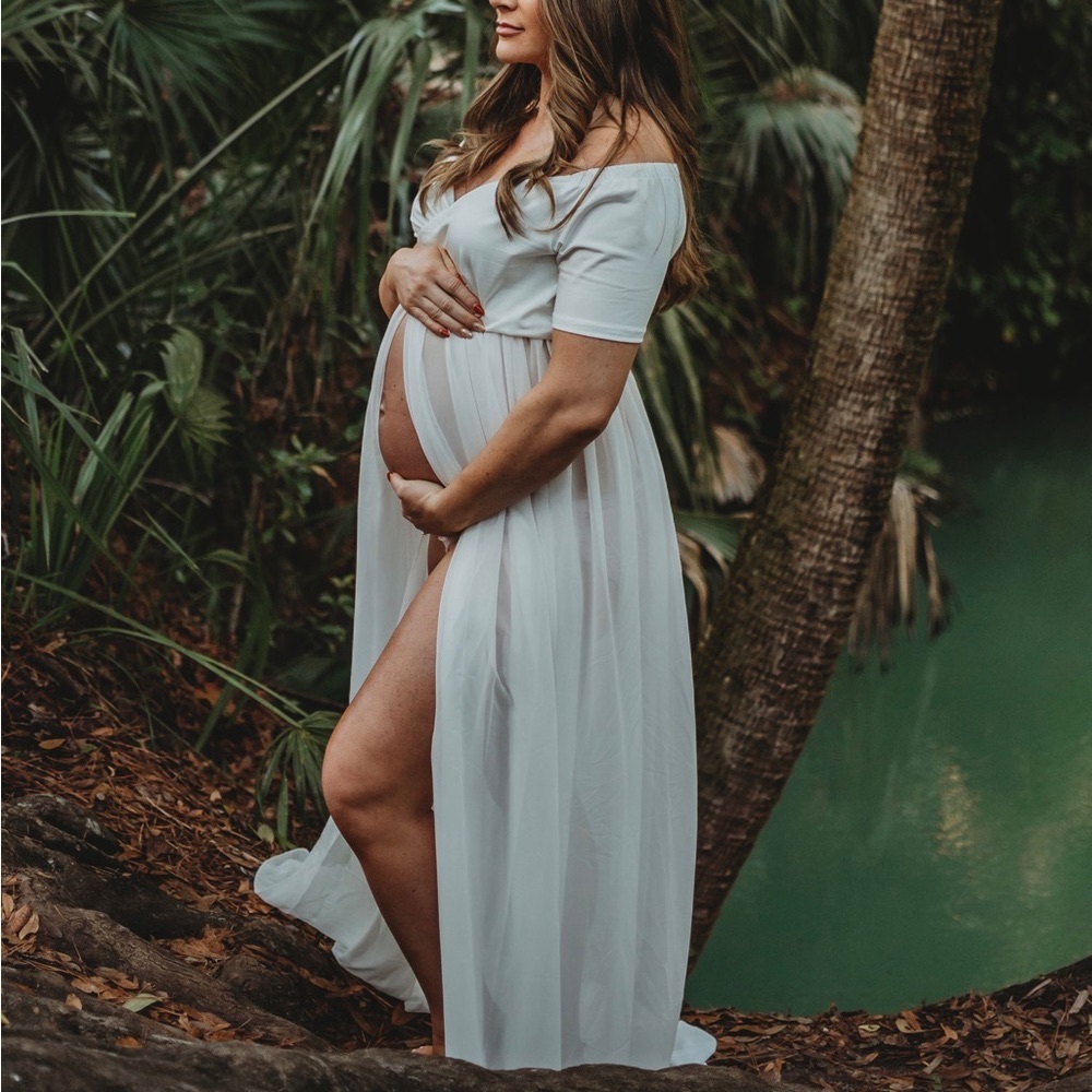 Sheer white, high split maternity gown